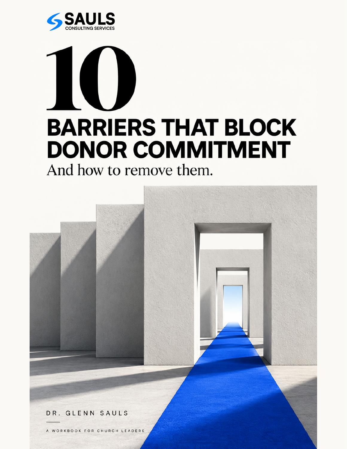 10 Barriers that Block Donor Commitment workbook cover, with white architectural doorways and a blue path